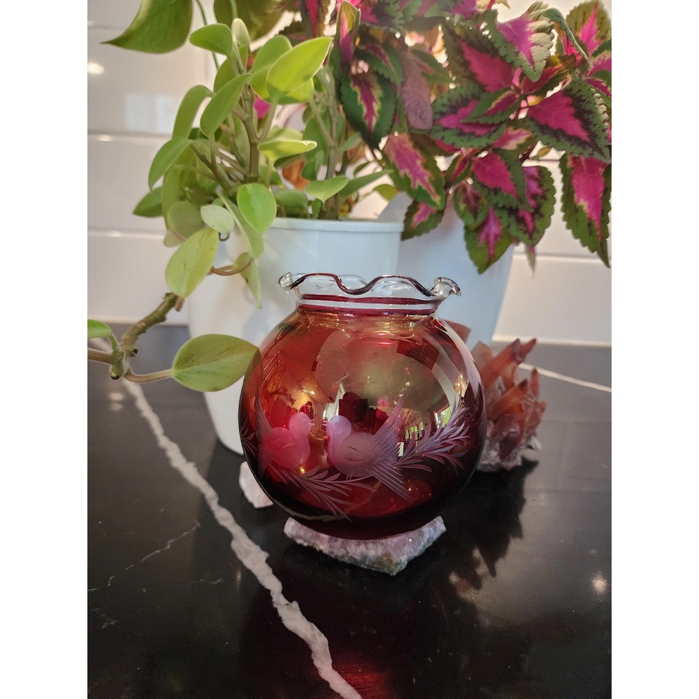 Vintage Ruby Red Etched Bird Glass Rose Bowl Canadian Art Glass Vase Ruffled Rim